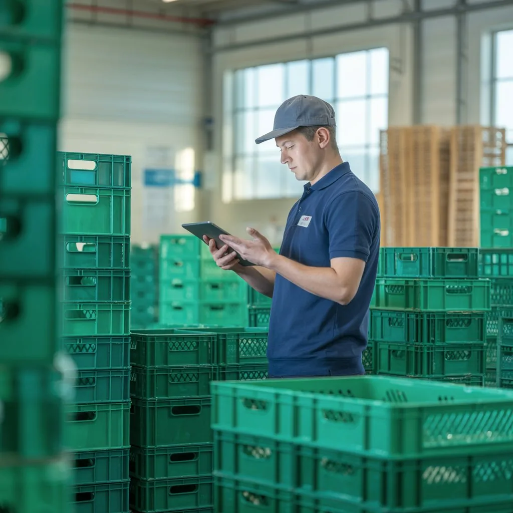 Warehouse worker with tablet at containers